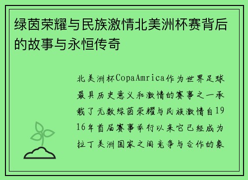 绿茵荣耀与民族激情北美洲杯赛背后的故事与永恒传奇