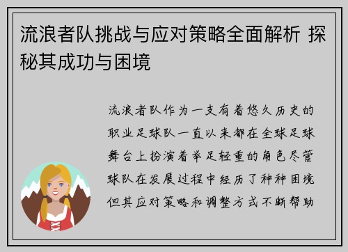 流浪者队挑战与应对策略全面解析 探秘其成功与困境